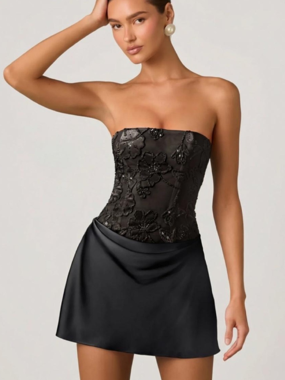 Oh Polly Black Strapless Floral Lace Bustier Mini Dress